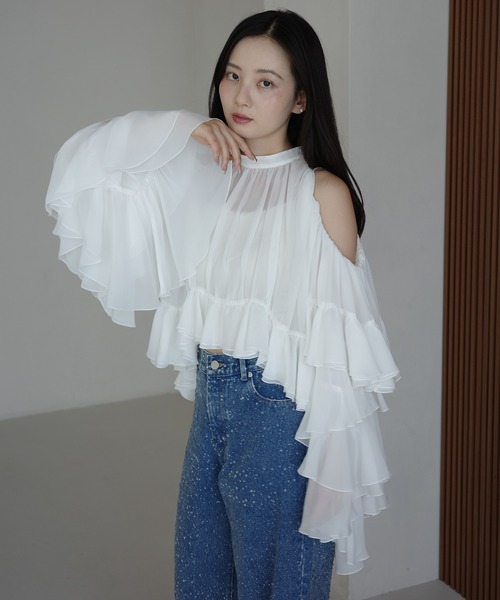 セール】ラッフルトップス フリル ブラウス 長袖 オフショルダー