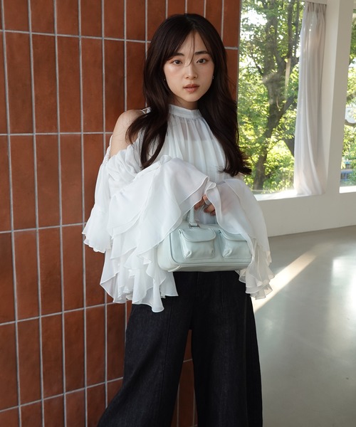セール】ラッフルトップス フリル ブラウス 長袖 オフショルダー
