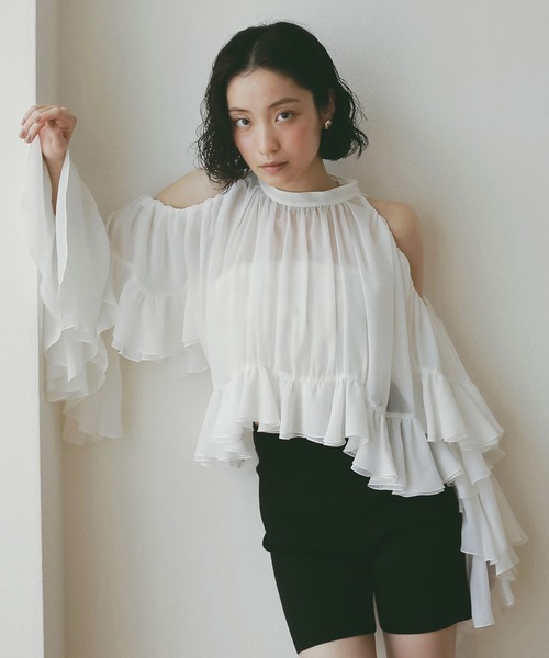 セール】ラッフルトップス フリル ブラウス 長袖 オフショルダー