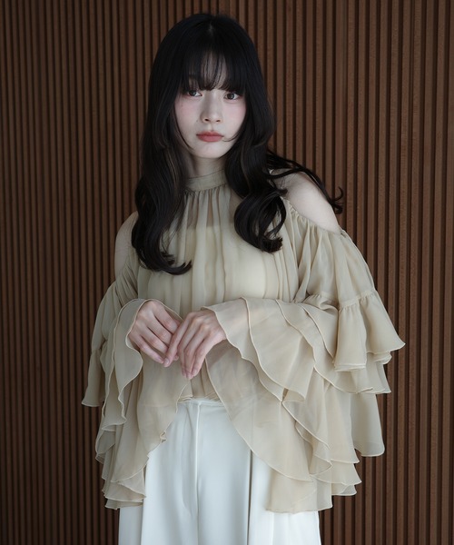 セール】ラッフルトップス フリル ブラウス 長袖 オフショルダー