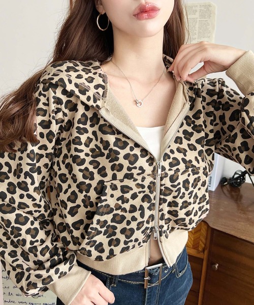 セール】ダブルジップレオパードショートパーカー(レオパードパーカー