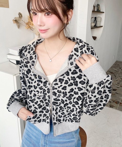 レア！美品！【Tornado Mart】ダブルジップパーカー/ レオパード柄 セール】ダブルジップレオパードショートパーカー(レオパードパーカー