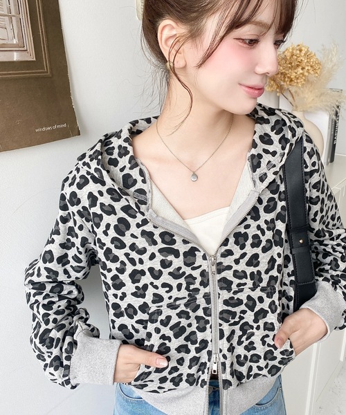 セール】ダブルジップレオパードショートパーカー(レオパードパーカー