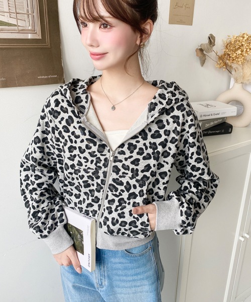 セール】ダブルジップレオパードショートパーカー(レオパード