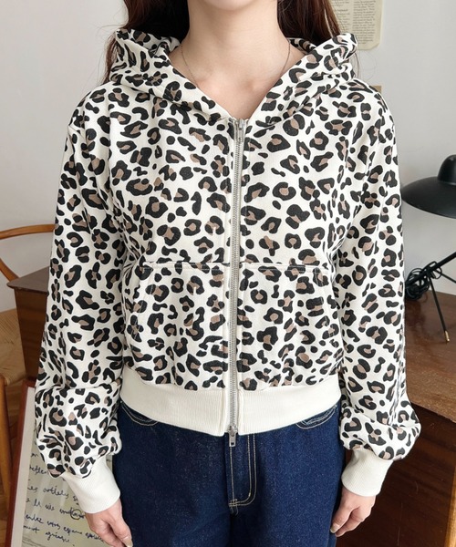 セール】ダブルジップレオパードショートパーカー(レオパードパーカー