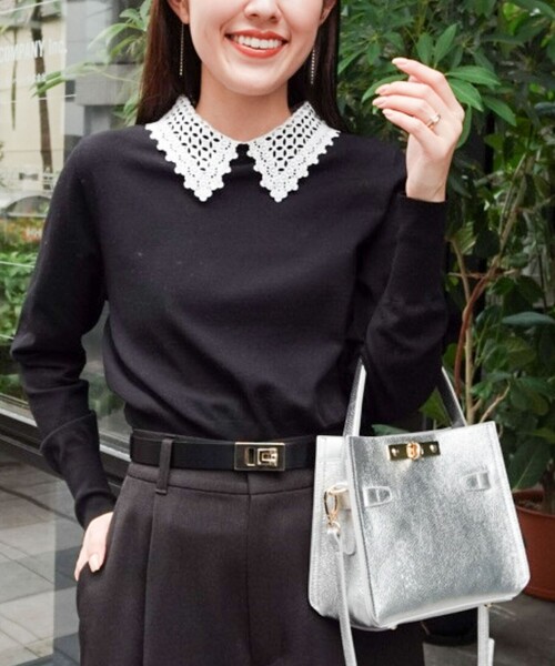 手洗い可能》襟レース2WAYプルオーバーニット（ニット/セーター