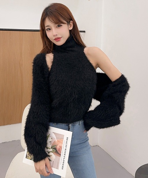 Jasmine Grandiflorum(ジャスミングランディフローラム)の「【Jasmine】シャギーニットハイネックベスト+カーディガン (AW)(アンサンブル・レディース・ホワイト/ブラック/ブルー/グレー・FREE)」の1枚目の写真