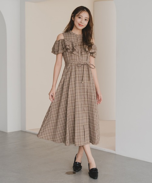 ミッシュマッシュ（MISCH MASCH）/2025秋冬新作 チェック柄肩開きワンピース セール】2025秋冬新作 チェック柄肩開きワンピース（ワンピース
