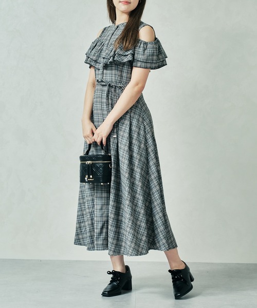 セール】2025秋冬新作 チェック柄肩開きワンピース（ワンピース