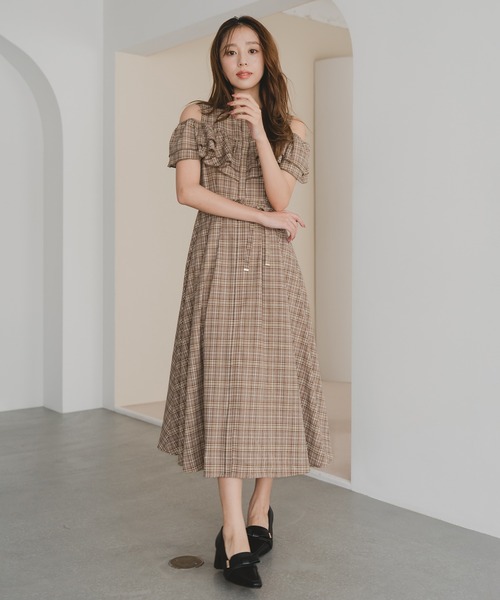 セール】2025秋冬新作 チェック柄肩開きワンピース（ワンピース