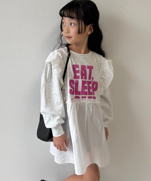 CIAOPANIC TYPY（チャオパニックティピー）の「【WEB限定】【KIDS】かすれロゴ切替チュニックワンピ（ワンピース・キッズ・チャコールグレー/ホワイト/グレー・150/130/110）」の3枚目の写真