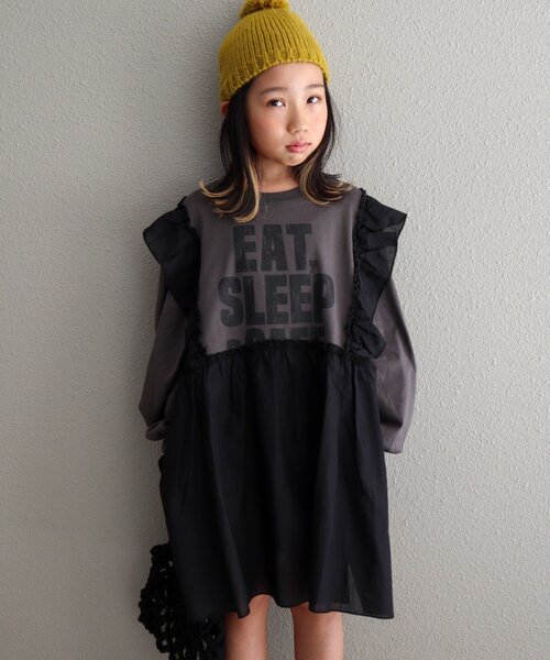 CIAOPANIC TYPY（チャオパニックティピー）の「【WEB限定】【KIDS】かすれロゴ切替チュニックワンピ（ワンピース・キッズ・チャコールグレー/ホワイト/グレー・150/130/110）」の2枚目の写真