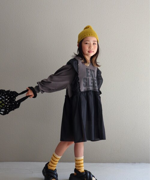 CIAOPANIC TYPY（チャオパニックティピー）の「【WEB限定】【KIDS】かすれロゴ切替チュニックワンピ（ワンピース・キッズ・チャコールグレー/ホワイト/グレー・150/130/110）」の16枚目の写真