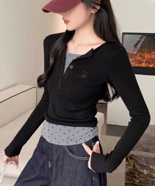 LADY LIKE(レディライク)の「ドットレイヤード風ドッキングカットトップス(Tシャツ/カットソー・レディース・ブラック・M)」の8枚目の写真