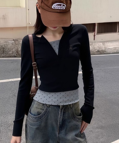 LADY LIKE(レディライク)の「ドットレイヤード風ドッキングカットトップス(Tシャツ/カットソー・レディース・ブラック・M)」の3枚目の写真
