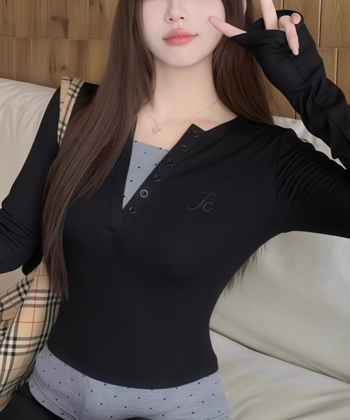LADY LIKE(レディライク)の「ドットレイヤード風ドッキングカットトップス(Tシャツ/カットソー・レディース・ブラック・M)」の6枚目の写真