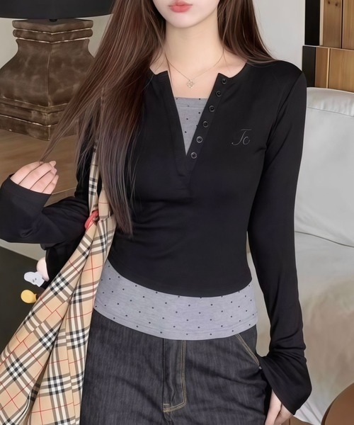 LADY LIKE(レディライク)の「ドットレイヤード風ドッキングカットトップス(Tシャツ/カットソー・レディース・ブラック・M)」の7枚目の写真
