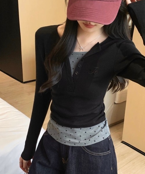 LADY LIKE(レディライク)の「ドットレイヤード風ドッキングカットトップス(Tシャツ/カットソー・レディース・ブラック・M)」の9枚目の写真