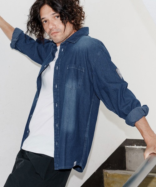 No Rain No Rainbow(ノーレインノーレインボー)の「ms6228-denim shirt デニムシャツ(NR25W-16)(シャツ/ブラウス・メンズ・ネイビー/ブルー・M/L/XL)」の1枚目の写真