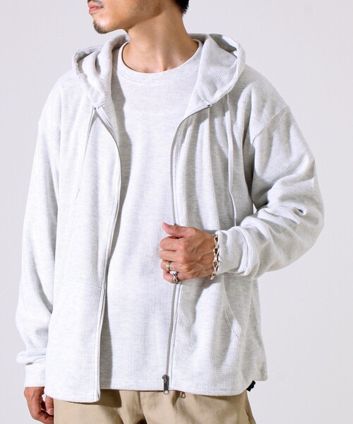 レイヤードに最適】起毛ワッフル 裾ドロストジップパーカー（パーカー
