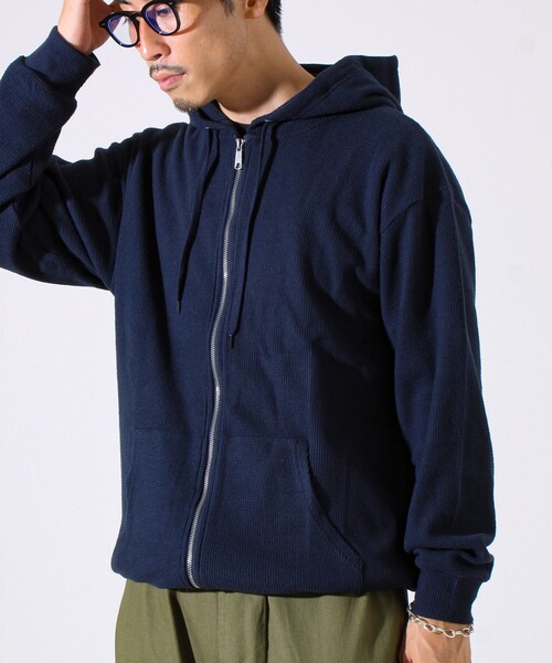 GLOSTER（グロスター）の「【レイヤードに最適】起毛ワッフル 裾ドロストジップパーカー（パーカー・メンズ・ネイビー/チャコールグレー/ヘザーグレー・M/L/XL）」の6枚目の写真