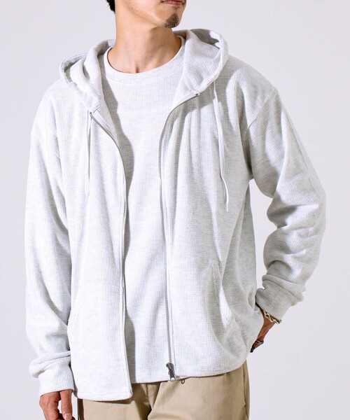 GLOSTER（グロスター）の「【レイヤードに最適】起毛ワッフル 裾ドロストジップパーカー（パーカー・メンズ・ネイビー/チャコールグレー/ヘザーグレー・M/L/XL）」の21枚目の写真