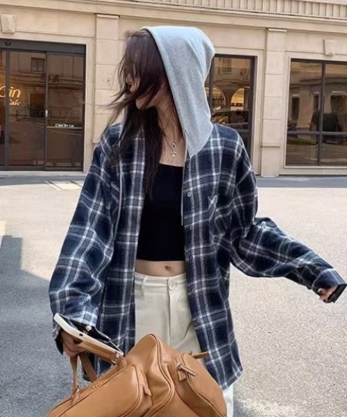 yuue' ( wear )(ユーイ)の「オーバーサイズフーディーチェックシャツ/フード付きシャツ(シャツ/ブラウス・レディース・ブラック/ネイビー・FREE)」の1枚目の写真