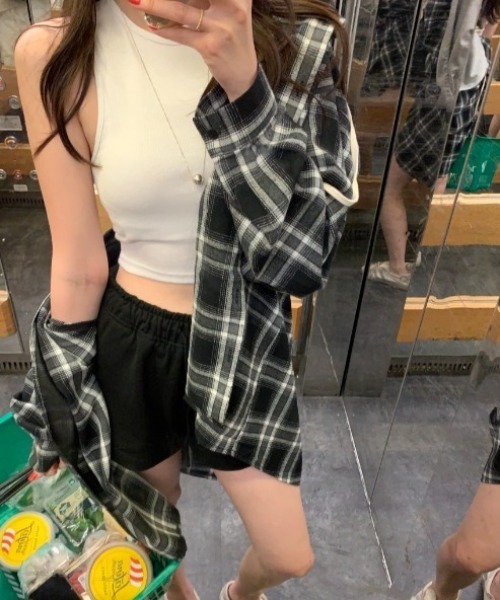 yuue' ( wear )(ユーイ)の「オーバーサイズフーディーチェックシャツ/フード付きシャツ(シャツ/ブラウス・レディース・ブラック/ネイビー・FREE)」の5枚目の写真