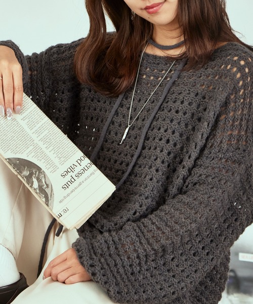 AO2（アオズ）の「Lace Knit Ensemble / 透かし編みニット ウール アンサンブル（アンサンブル・レディース・カーキ/ダークグレー/アイボリー・FREE）」の2枚目の写真