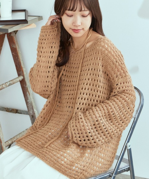 AO2（アオズ）の「Lace Knit Ensemble / 透かし編みニット ウール アンサンブル（アンサンブル・レディース・カーキ/ダークグレー/アイボリー・FREE）」の13枚目の写真