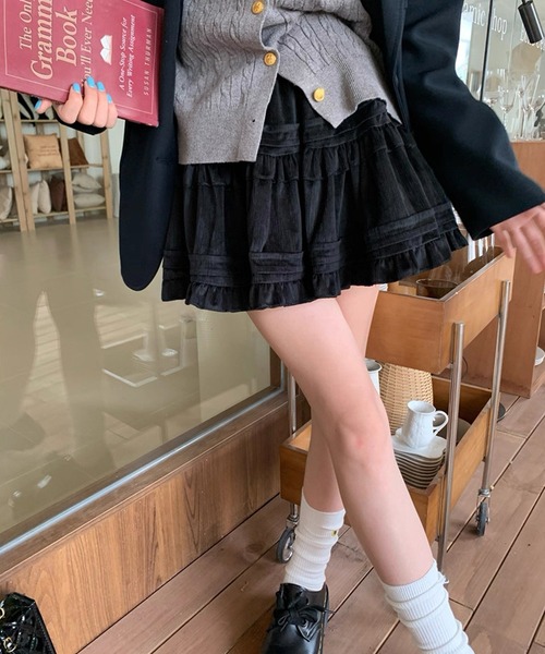 shopnikoniko(ショップニコニコ)の「ハイウエスト フリル コーデュロイ ミニ スカート フレア ティアード(スカート・レディース・ブラック/ホワイト・フリー)」の8枚目の写真