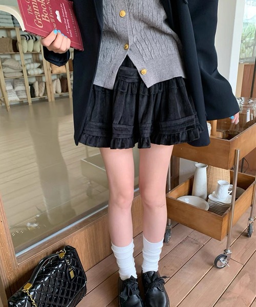 shopnikoniko(ショップニコニコ)の「ハイウエスト フリル コーデュロイ ミニ スカート フレア ティアード(スカート・レディース・ブラック/ホワイト・フリー)」の10枚目の写真
