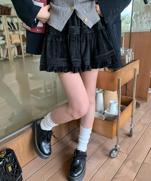 shopnikoniko(ショップニコニコ)の「ハイウエスト フリル コーデュロイ ミニ スカート フレア ティアード(スカート・レディース・ブラック/ホワイト・フリー)」の12枚目の写真