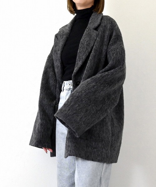 STYLEBLOCK（スタイルブロック）の「シャギーショートコート（ステンカラーコート・レディース・ブラック/グレー・M）」の2枚目の写真