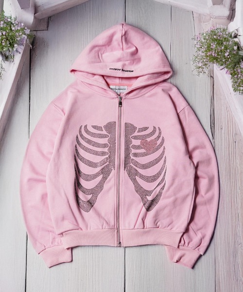 #MEMORY（メモリー）の「【MEMORY】ヘビーウェイト ボーン柄 ラインストーン ダブルZIPパーカー / Bone Pattern Rhinestone Double-Zip Hoodie（パーカー・メンズ・ピンク/ブラック/グレー・XL/L/M）」の3枚目の写真
