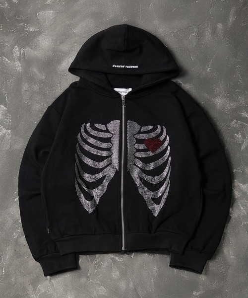 #MEMORY（メモリー）の「【MEMORY】ヘビーウェイト ボーン柄 ラインストーン ダブルZIPパーカー / Bone Pattern Rhinestone Double-Zip Hoodie（パーカー・メンズ・ピンク/ブラック/グレー・XL/L/M）」の2枚目の写真