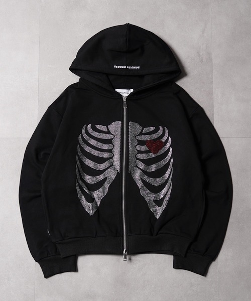 #MEMORY（メモリー）の「【MEMORY】ヘビーウェイト ボーン柄 ラインストーン ダブルZIPパーカー / Bone Pattern Rhinestone Double-Zip Hoodie（パーカー・メンズ・ピンク/ブラック/グレー・XL/L/M）」の5枚目の写真
