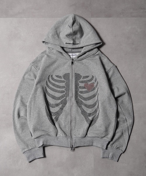 #MEMORY（メモリー）の「【MEMORY】ヘビーウェイト ボーン柄 ラインストーン ダブルZIPパーカー / Bone Pattern Rhinestone Double-Zip Hoodie（パーカー・メンズ・ピンク/ブラック/グレー・XL/L/M）」の6枚目の写真