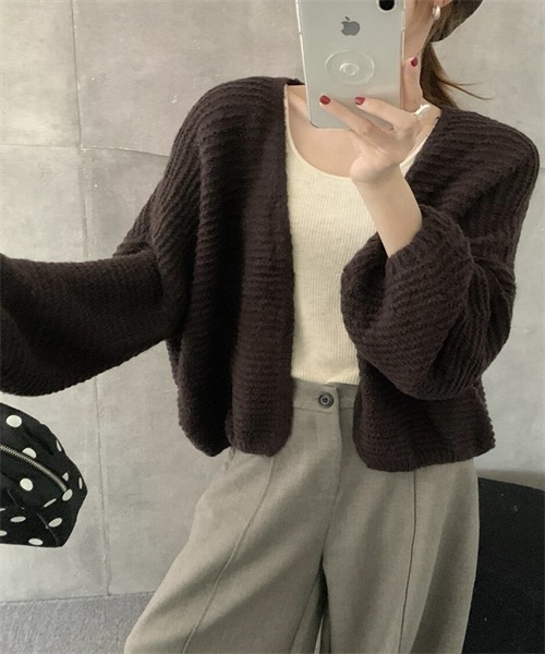 FREE STYLISTS(フリー スタイリスト)の「ボタンなしニットカーディガン(カーディガン/ボレロ・レディース・ピンク/イエロー/グリーン/チャコールグレー/ライトグレー/ダークブラウン/ベージュ/モカ/ダークブルー・FREE)」の3枚目の写真
