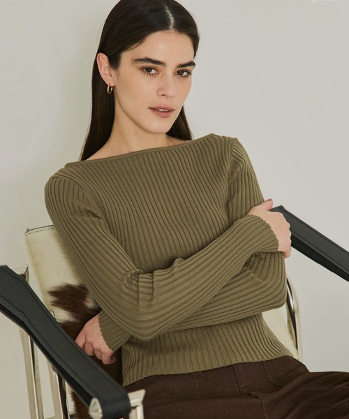 coca(coca)(コカ)の「ボートネックリブニットトップス(ニット/セーター・レディース・ブラック/カーキ・L/M/S)」の2枚目の写真