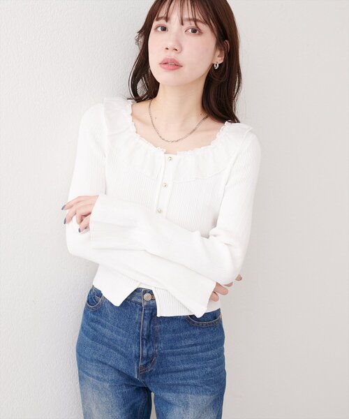 natural couture（ナチュラルクチュール）の「異素材フリルニット（ニット/セーター・レディース・オフホワイト/ピンク/ネイビー/ベージュ・FREE）」の6枚目の写真