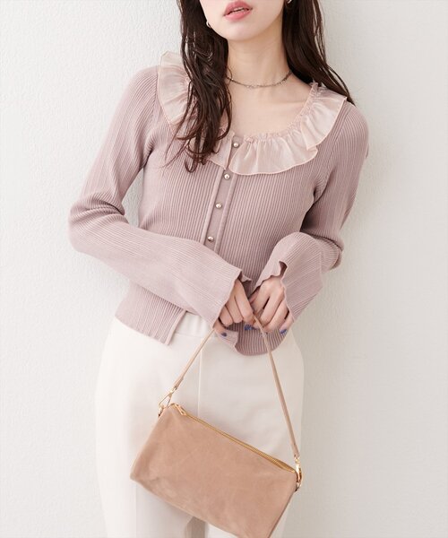 natural couture（ナチュラルクチュール）の「異素材フリルニット（ニット/セーター・レディース・オフホワイト/ピンク/ネイビー/ベージュ・FREE）」の4枚目の写真