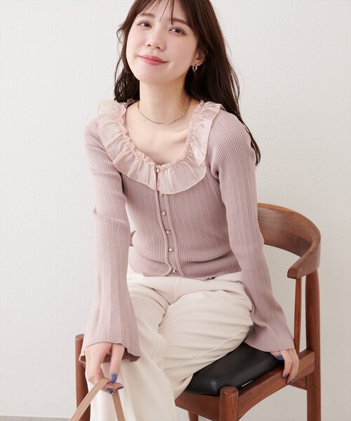 natural couture（ナチュラルクチュール）の「異素材フリルニット（ニット/セーター・レディース・オフホワイト/ピンク/ネイビー/ベージュ・FREE）」の5枚目の写真