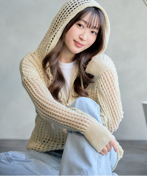 DAESE TOKYO(デセトウキョウ)の「『DAESE TOKYO/デセトウキョウ』メッシュニットパーカー(パーカー・レディース・ブラック/アイボリー・FREE)」の2枚目の写真