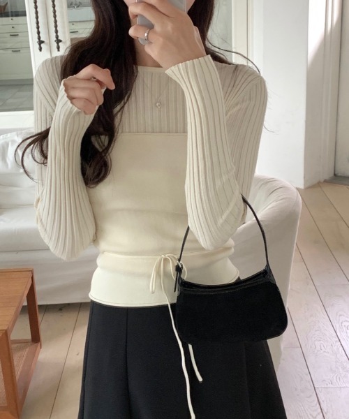 FREE STYLISTS(フリー スタイリスト)の「YUGA_YGMC Korean-style ribbed knit and tight vest set(ニット/セーター・レディース・ベビーピンク/オフホワイト/ネイビー・FREE)」の7枚目の写真