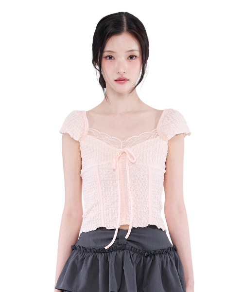 ALKI ALKA(アルキアルカ)の「Jacquard Gathered Top (Light Pink)(Tシャツ/カットソー・レディース・ライトピンク・MEDIUM/SMALL)」の2枚目の写真