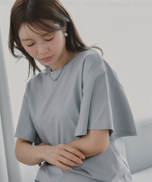 Petitjo(プッチージョ)の「小さいサイズ 【接触冷感・UVカット】フレアスリーブTシャツ 低身長さん・小柄女性(Tシャツ/カットソー・レディース・グレー/ブラック/ホワイト・PSS/PS/PM/PL)」の3枚目の写真