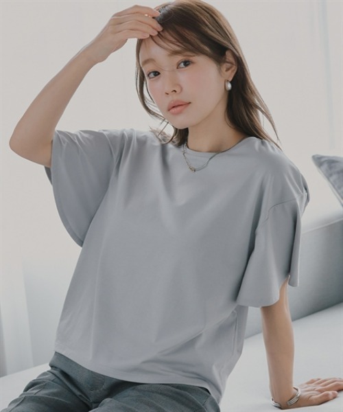 Petitjo(プッチージョ)の「小さいサイズ 【接触冷感・UVカット】フレアスリーブTシャツ 低身長さん・小柄女性(Tシャツ/カットソー・レディース・グレー/ブラック/ホワイト・PSS/PS/PM/PL)」の16枚目の写真