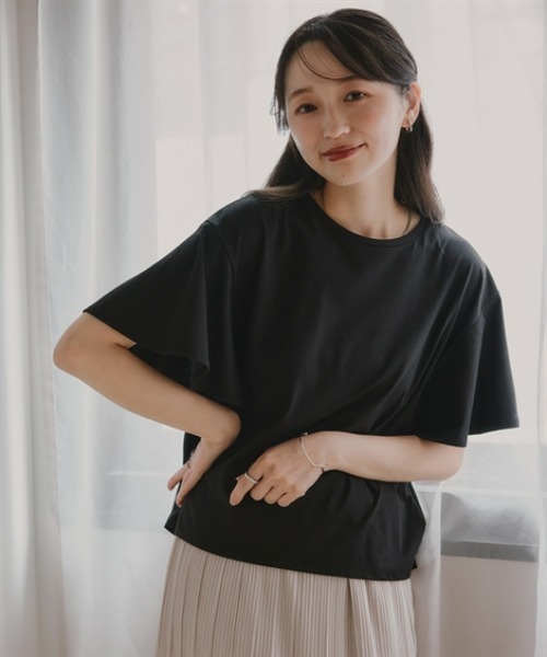 Petitjo(プッチージョ)の「小さいサイズ 【接触冷感・UVカット】フレアスリーブTシャツ 低身長さん・小柄女性(Tシャツ/カットソー・レディース・グレー/ブラック/ホワイト・PSS/PS/PM/PL)」の9枚目の写真