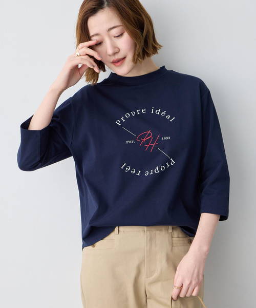 Petit Honfleur(プチオンフルール)の「ロゴプリントモックネックTシャツ【オーガニックコットンブレンド・綿100%】(Tシャツ/カットソー・レディース・ホワイト/ネイビー・M/L)」の7枚目の写真